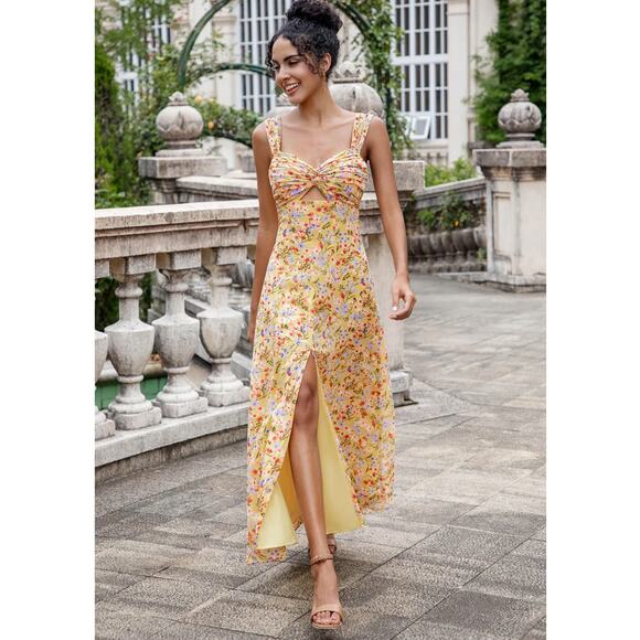 ASTR The Label Dresses & Skirts - ASTR the Label Twist Keyhole Bust Midi Yellow Flower Slip Sun Dress Medium